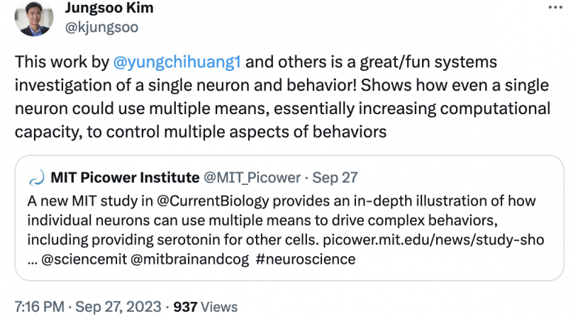 This work by Yung-Chi Huang and others is a great/fun systems investigation of a single neuron and behavior!